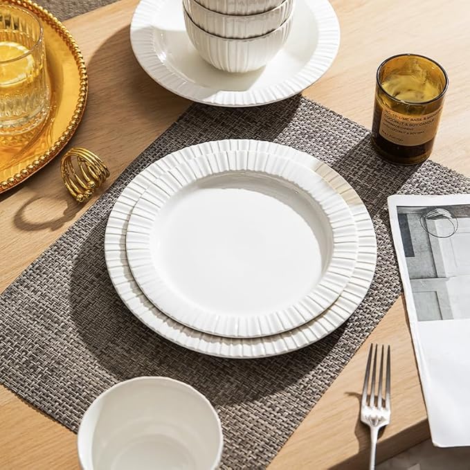 24-Piece White Ceramic Dinnerware Set - Rhine Series, Service for 6, Includes Bowls, Flat & Deep Plates, Microwave & Dishwasher Safe