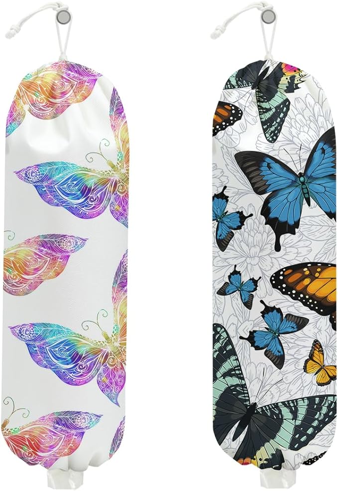 2PCS Butterfly Plastic Bag Holder, Wall Mount Grocery Bag Holder for Storage bag, Washable Storage Organizer Reusable Grocery Bags, Pull Rope Free Adjustment, Butterfly Gifts for Women Mom Sister