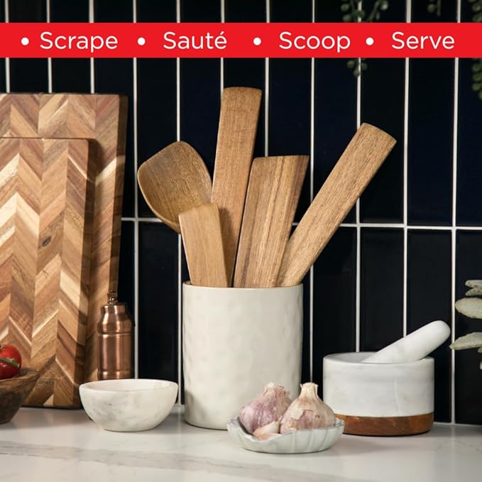 SLATE & ROYCE 5-Piece Acacia Wood Utencil Set, Non-Toxic Wooden Kitchen Tools with Tapered Edges, Heat-Resistant, For Non-Stick Frying Pan, Cast Iron Skillet, Flat Spatulas, Scraper & Spoon Set