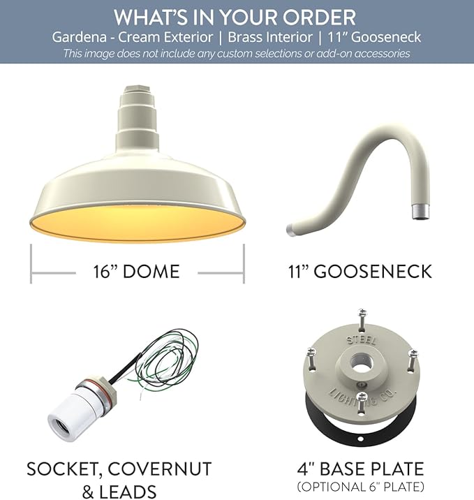 Steel Lighting Co. | Dusk to Dawn | Gardena Barn Light | Outdoor Wall Mounted | 16" Dome | 11" Gooseneck | Farmhouse Light Made in America | Cream/Brass