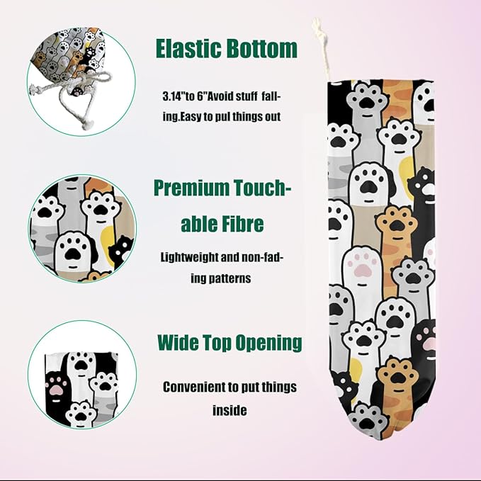 Cat Paws Grocery Bag Holder, Wall Mount Plastic Bag Holders for Grocery Bags, Reusable Washable Grocery Bags Storage Dispenser for Home Kitchen Pantry Decor, Cute Cat Paws Gifts for Women Mom