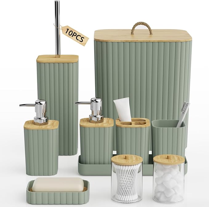 Bathroom Accessories Set - 10PC Bathroom Set, Sage Green Bathroom Set, Bathroom Accessories Set, Toilet Brush, Bathroom Trash Can & Soap Dispenser