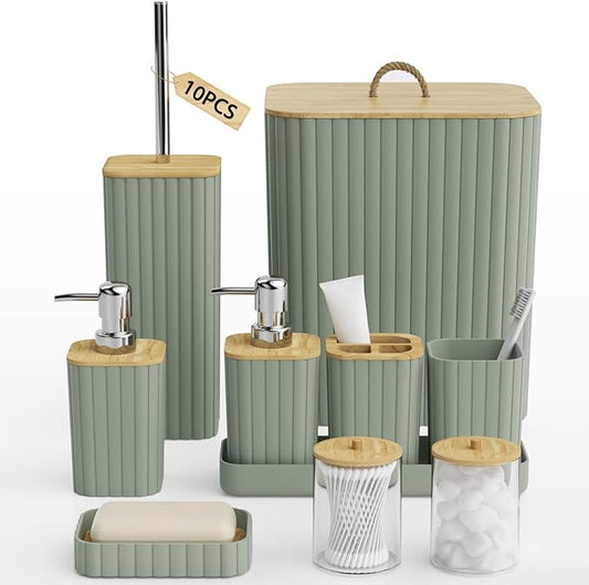 Bathroom Accessories Set - 10PC Bathroom Set, Sage Green Bathroom Set, Bathroom Accessories Set, Toilet Brush, Bathroom Trash Can & Soap Dispenser