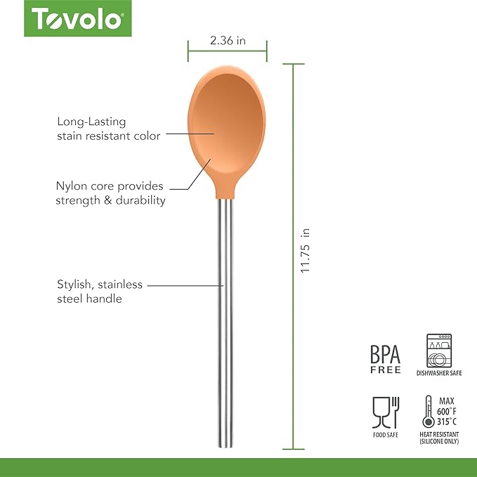 Mixing Spoon Stainless Steel Handle Scratch Resistant Non Stick Safe Kitchen Utensil for Cooking Baking Serving Stirring, Heat Resistant Silicone Stirring Spoon with Metal Handle Apricot Orange