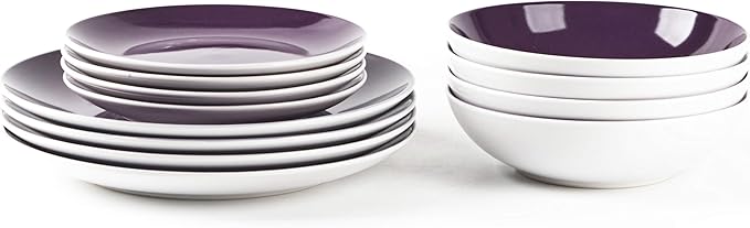 Stoneware Coupe Shape 12pc Dinnerware Set, Outside White + Inside Violet