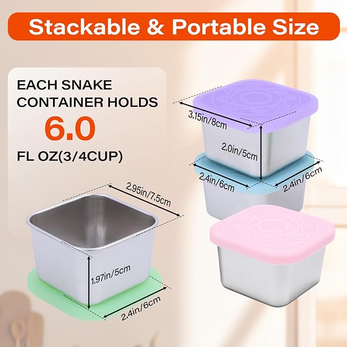 4 Pack Stainless Steel Snack Containers, 6oz Snack Box with Silicone Lids,Stackable Portable Small Food Storage Container for Picnic,Travel,School,Office,and Daycare