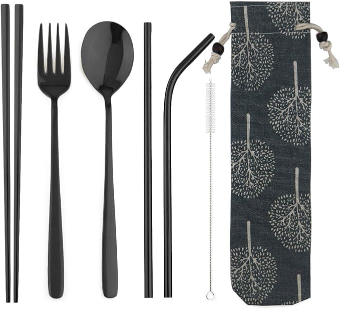 304 Stainless Steel Flatware Set Reusable Utensils Set with Straws Portable Travel for Camping Hiking,Dishwasher Safe,Set of 7, Mirror Black