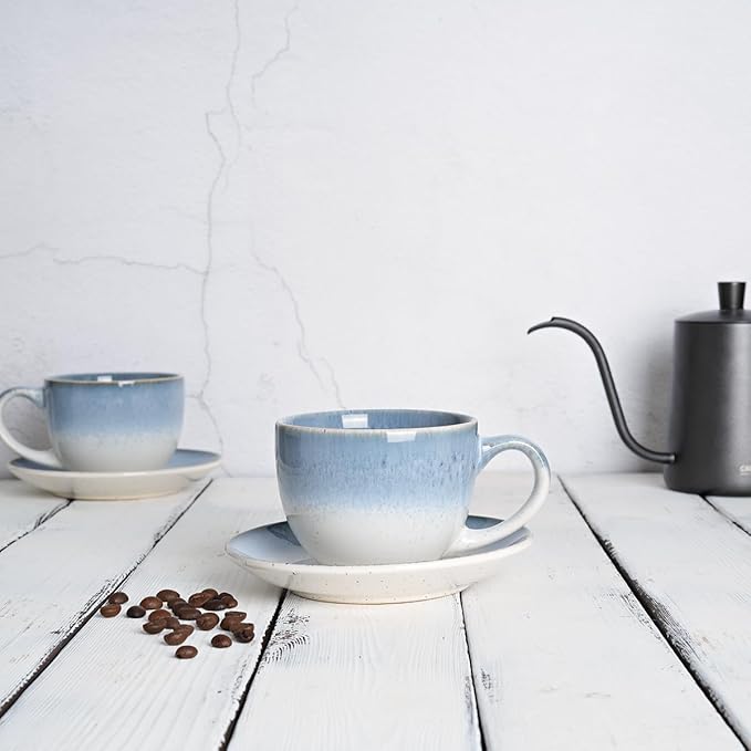 Bosmarlin Ceramic Cappuccino Cup and Saucer Set of 2, 10 Oz, Dishwasher and Microwave Safe, Coffee Cups for Latte, Espresso, Tea, Reavtive Glaze (Blue)