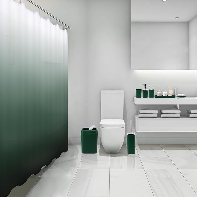 Green Bathroom Accessories, Dark Green Bathroom Set with Shower Curtain, Trash Can, Vanity Tray, Soap Dispenser, Soap Dish, Toothbrush Holder and Cup for Home Decor