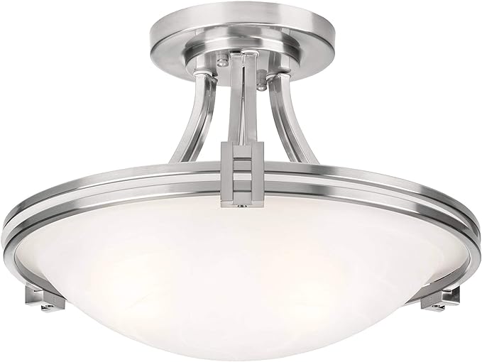 Possini Euro Design Deco Modern Ceiling Light Semi Flush-Mount Fixture 16" Wide Brushed Nickel 2-Light White Marbleized Glass Bowl Shade for Bedroom Kitchen Living Room Hallway Dining Bathroom