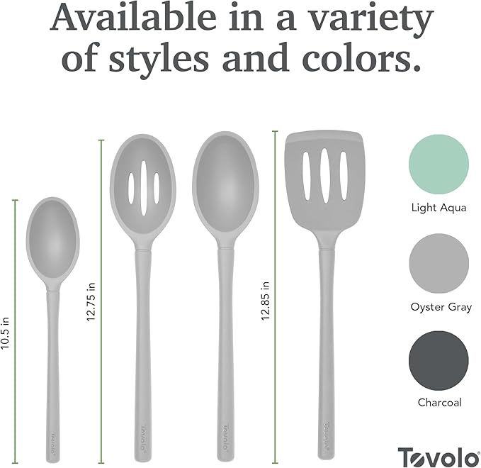 Tovolo Kitchen Utensils Set Silicone BPA Free Oyster Gray Flex Core Set of 4 Bundle Deep Slotted Small Spoons Slotted Turner Spatula Heat Resistant, Dishwasher Safe Cooking Utensils Set Gray Non Toxic