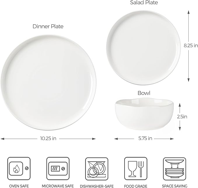 TheTerra Ceramic Dinnerware Sets for 4, 12 Pieces Porcelain Lightweight Plates and Bowls Sets, Scratch Resistant Dish Set, Oven & Microwave & Dishwasher Safe, Bright White