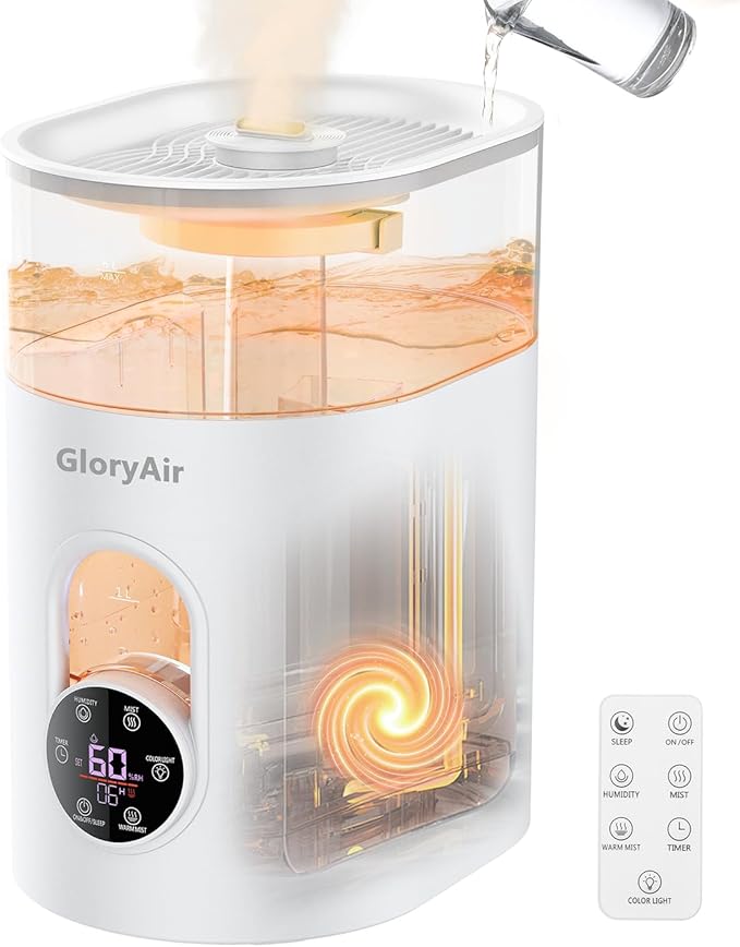Humidifiers for Bedroom Large Room Home - GloryAir 6L Quiet Top Fill Cool & Warm Mist Humidifier with Smart Humidity Control, Remote Control, 7-Color Light, Humidistat, Oil Diffuser for Plants & Baby