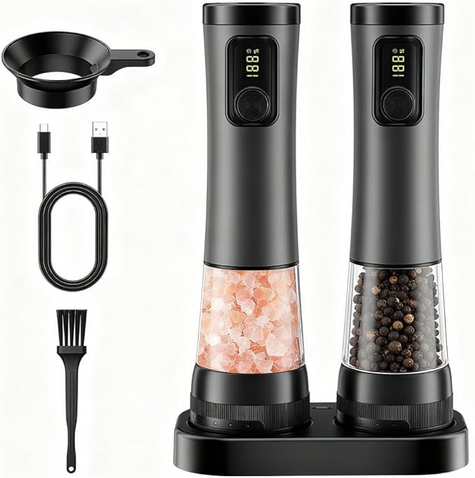 TorqueHome Electric Salt and Pepper Grinder Set - Ceramic Grinder Automatic Pepper Mills with Storage Base - Pepper Mill with 5 Level Adjustable Coarseness for Modern Kitchen