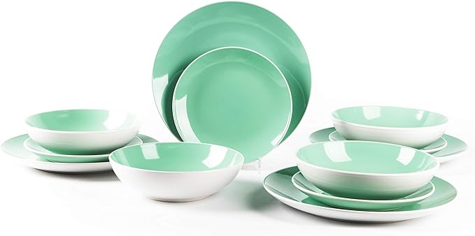 Stoneware Coupe Shape 12pc Dinnerware Set, Outside White + Inside Teal