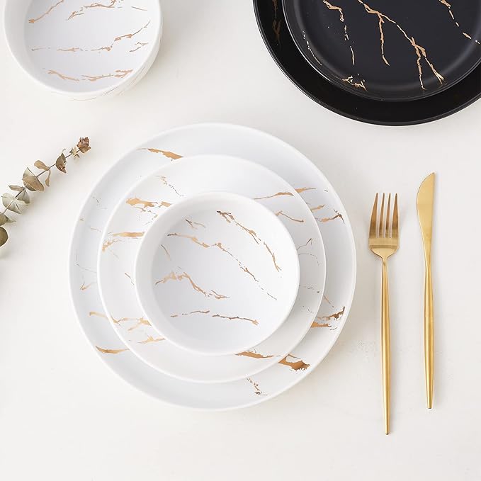 White Gold Splash Dinnerware Sets, 12 Pieces Fine China Marble Plates and Bowls Sets, Modern Porcelain Dish Set for 4, Luxury Dinner Set for Formal Dinners and Weddings