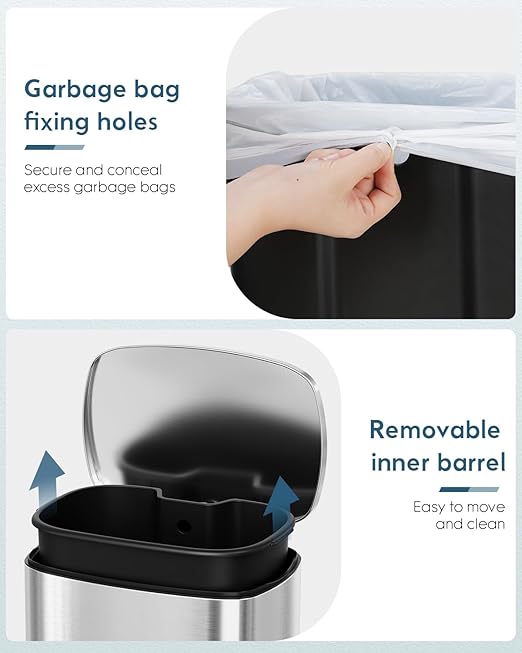 Arlopu 13.2+1.3 Gallon Step Trash Can, Stainless Steel Garbage Bin, Soft-Close Rubbish Bin with Removable Plastic Inner Bucket, Fingerprint-Proof, Lid Dustbin, for Kitchen Home (Silver)