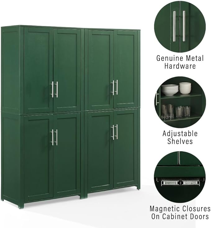 Crosley Furniture Savannah 2-Piece Pantry Storage Cabinet Set with Shelves, Kitchen, Dining, or Laundry Room, Hunter Green