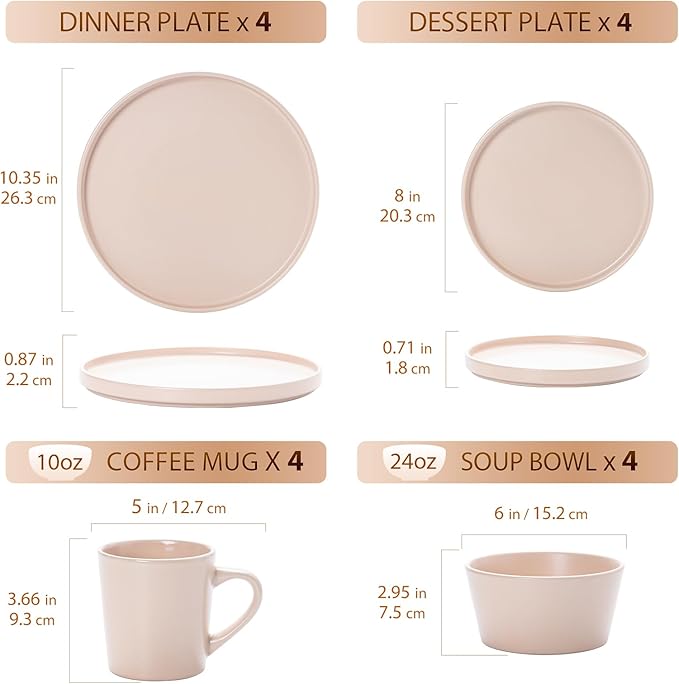 Plates and Bowls Sets for 4 - CJDC-QUELO 16 Piece Stoneware Dinnerware Sets with Mugs, Ceramic Dishware Sets for Kitchen Dining Use, Chip and Scratch Resistant Microwave Dishwasher Safe, Brown