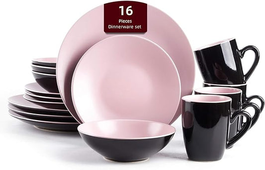 Stoneware Two-Tone Colors Life 16pc Dinner Set，Outside Shiny Black + Inside Matte Glaze Rose