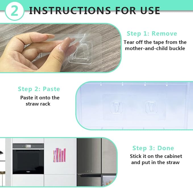 Straw Holder for Cabinet Door, Acrylic Straw Organizer Storage Dispenser, Space Saving Kitchen Accessories Container with Ultra Sticky Adhesive Strips