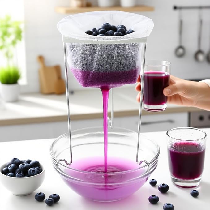 Jelly & Juice Strainer Kit: 3 Stable Stands, 5 Durable Mesh Bags & 12 Labels | Pulp-Free Canning & Nut Milk – Quick Straining for Home Cooks & Enthusiasts