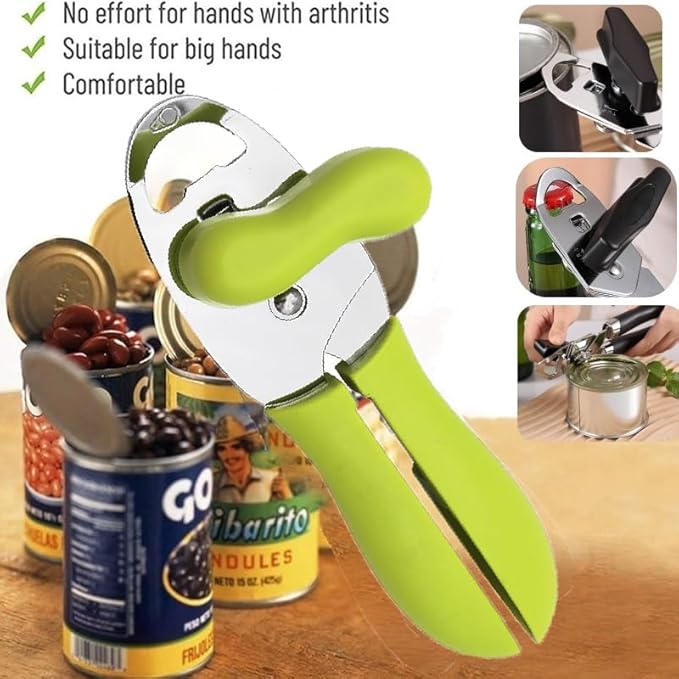 Can Opener Manual, Four in one designHeavy,Duty Handheld Strong Can Opener with Soft Touch Handle, Sharp Blade Smooth Edge, Can Openers with Multifunctional Bottle Opener, Green