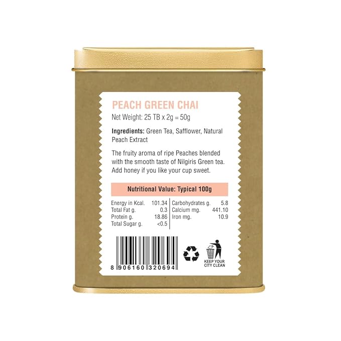 Iron Kettle Peach Green Tea | High Grown Green Tea bag blended with Safflower & Natural Peach extract | Sourced exclusively from small tea growers with higher fine leaf count | 25 Tea Bags