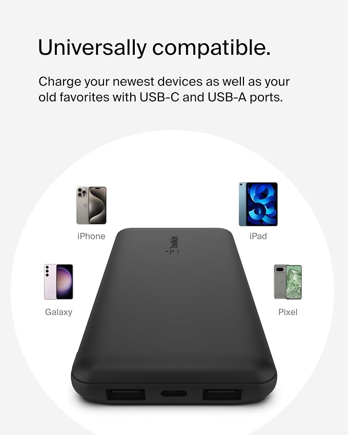 Belkin Portable Charger - 15W 3 Port Power Bank Battery Pack with 10000mAh Battery - Fast Charging for iPhone, Samsung Phone, More - USB C to USB A Cable Included