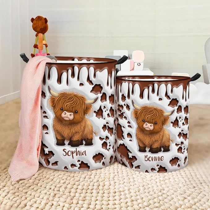 callie Personalized Highland Cow Laundry Basket for Kids, Waterproof Collapsible Laundry Hamper, Clothes Toys Storage Bin for Bedroom Nursery (13.8" x 16.5", 15.7" x 19.6")