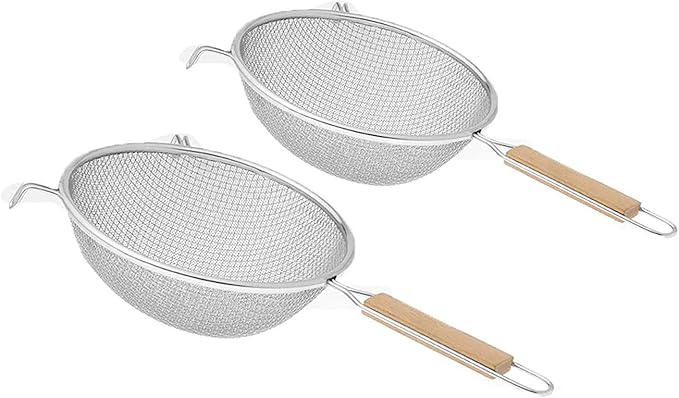 Double Mesh Strainer with Non Slip Wooden Handle. Premium Stainless Steel Strainer Mesh Ideal for Quinoa, Tea, Soup, Sifting, Baking, Straining - 12 & 16cm, Set of 2 Pieces
