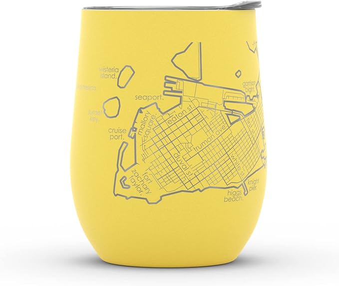 Well Told Engraved Key West Florida Map Insulated Wine Tumbler, Etched Stainless Steel Cup (12 oz, Sunrise Yellow) City Map Insulated Tumbler, Custom Insulated Tumbler, Outdoor Drinkware