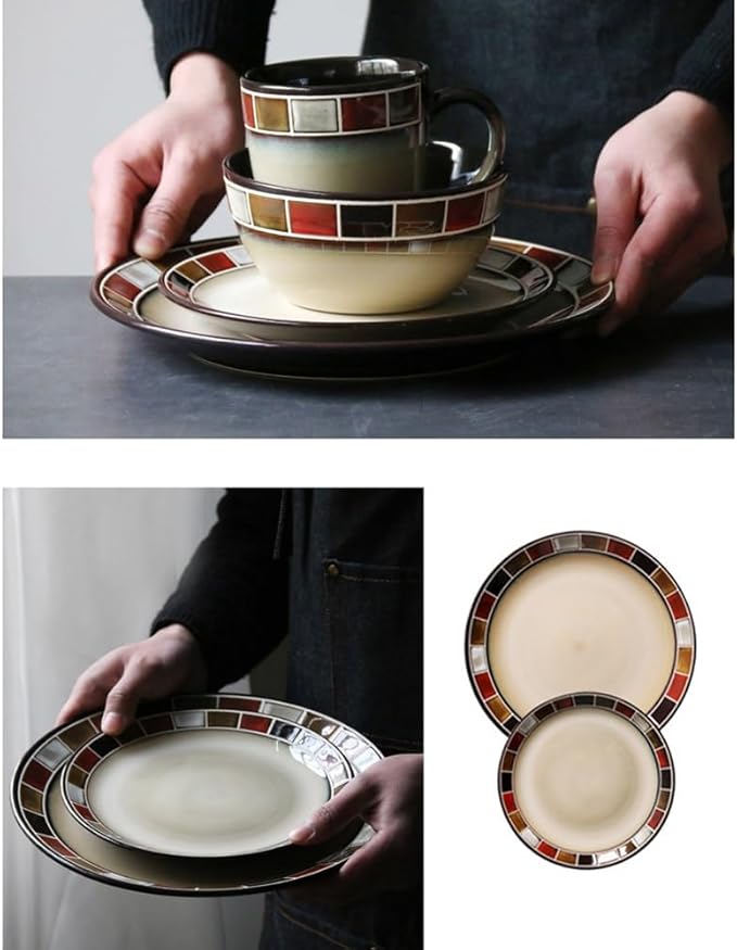 Ceramic Dinnerware Set of 4, 4 Pieces Porcelain Dinner Plate, Bowl, Mug for Kitchen – Unique Gift Idea, Scratch Resistant Dishes, Dishwasher & Microwave Safe - Red (Red)