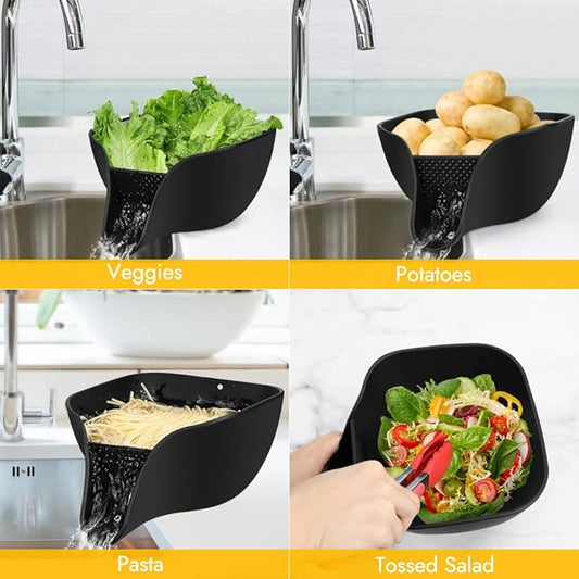 Advantez Multifunctional Drain Basket, 4.6 QT Large Silicone Food Pasta Drainer with Spout for 3-5 QT, Kitchen Sink Colanders & Food Strainers Bowl for Washing Fruits, Vegetables and More(Black)