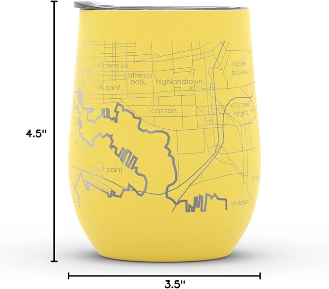 Well Told Engraved Baltimore Maryland Map Insulated Wine Tumbler, Etched Stainless Steel Cup (12 oz, Sunrise Yellow) City Map Insulated Tumbler, Custom Insulated Tumbler, Outdoor Drinkware
