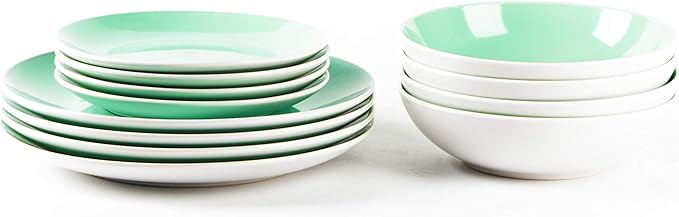 Stoneware Coupe Shape 12pc Dinnerware Set, Outside White + Inside Teal