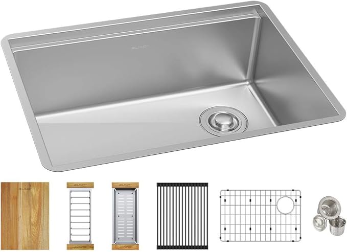 Elkay ECTRU24169RTWC Crosstown 25-1/2" Undermount Single Basin Stainless Steel Kitchen Sink with Basin Rack, Basket Strainer, Colander, and Cutting Board - Stainless Steel