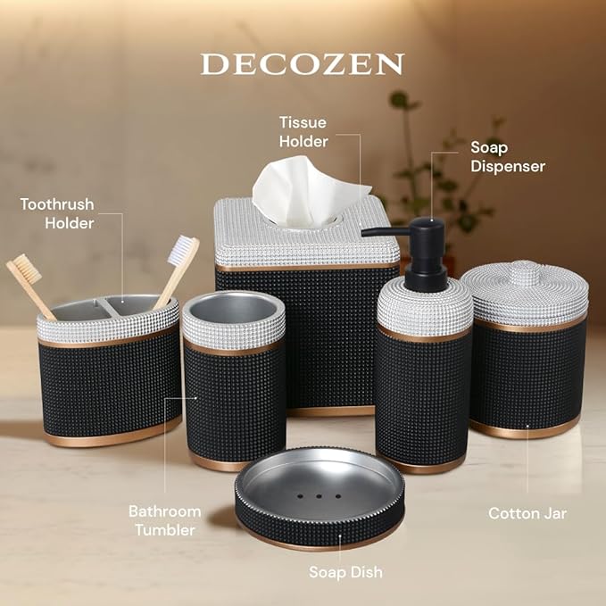 Decozen Bathroom Accessories Set 6Pcs – Soap Dispenser, Toothbrush Holder, Tumbler, Soap Dish & Cotton Swab Jar – Modern Bathroom Decor, Bath Set for Christmas Decor, Seiler