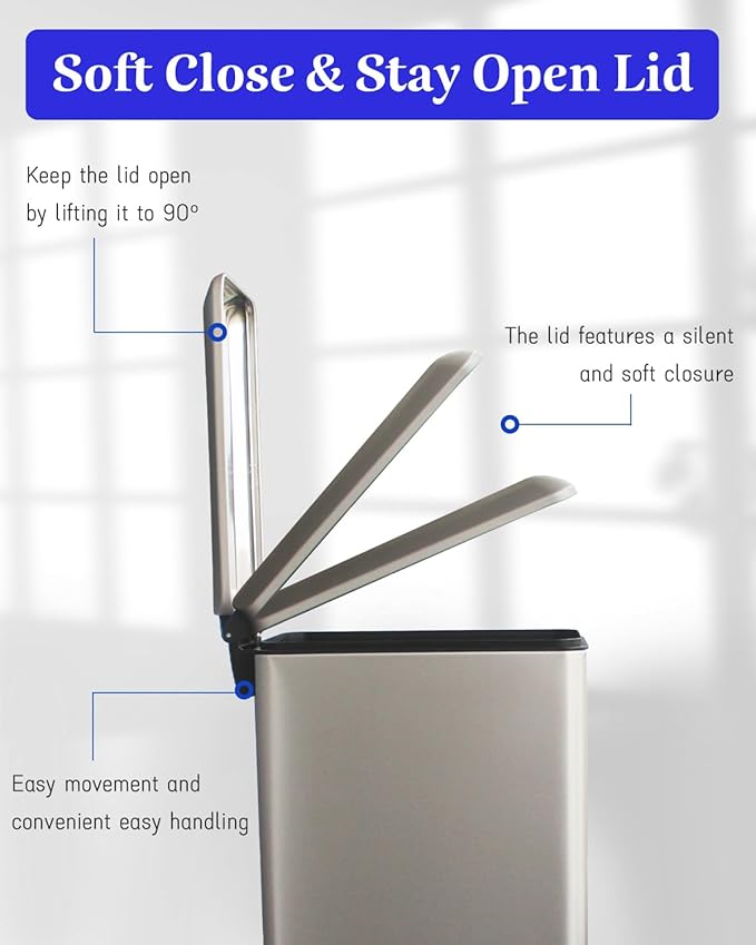 8 Gallon Slim Trash Can with Soft Close Lid, Stainless Steel Trash Can with Removal Inner Bucket, Hand -Free Trash Bin for Kitchen, Office, Laundry, Bathroom, 30 Liter Capacity, Kohler Grey