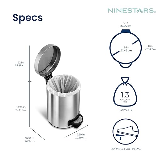 8 Gallon and 1.2 Gallon Combo Set Round Stainless Steel Step on Trash Can, Fingerprint-Resistant Soft Close Lid Hands-Free Trash can, Removable Plastic Inner Bucket Waste Bin, 8 Gal 30L & 1.2 Gal 5L