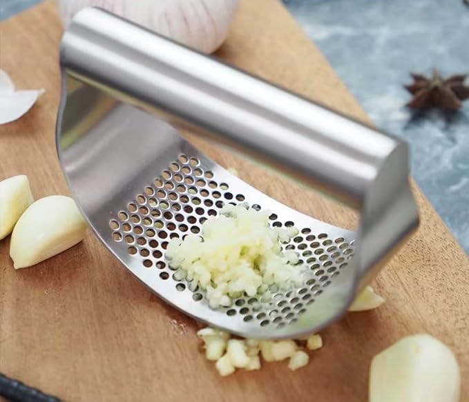 Angel's Peel Lounge Stainless Steel Garlic Press Rocker Set with Silicone Garlic Peeler & Cleaning Brush – Garlic Chopper, Mincer, Grater, Crusher (Stainless steel)