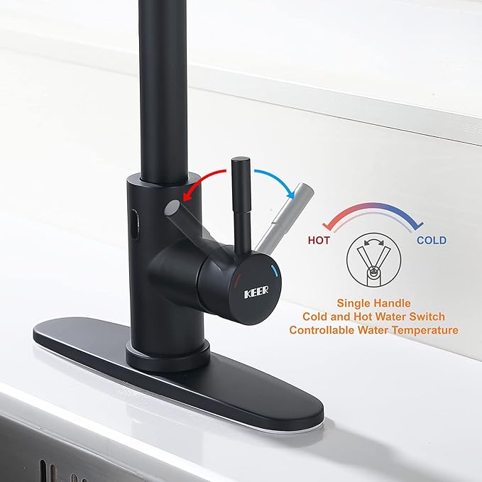 Keer Touchless Kitchen Faucet with Pull Down Sprayer, Motion Sensor Kitchen Faucet with Kitchen Soap Dispenser, Single Kitchen Faucet High Arc Pull Out Faucet for RV Kitchen,Matte Black