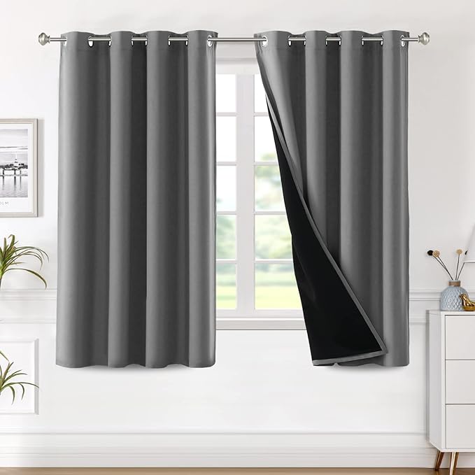 H.VERSAILTEX 100% Blackout Lined Curtains, 2 Thick Layers Completely Blackout Window Treatment Thermal Insulated Drapes for Kitchen/Bedroom (1 Pair, 52" Width x 63" Length Each Panel, Grey)