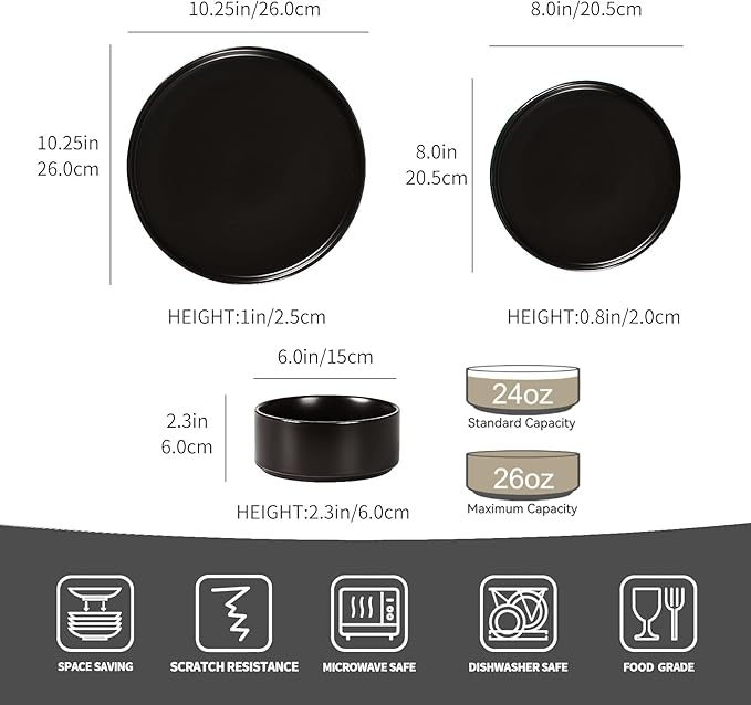 GZG Classic Series - Plates and Bowls Set for 8, 24 Piece Stoneware Dinnerware Sets, Microwave and Dishwasher Safe Lead-Free Handcrafted Ceramic Dishes Set - Matte Black
