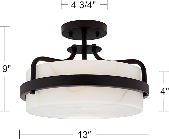 Possini Euro Design Bregman 13" Modern Semi Flush-Mount Ceiling Light Fixture Kitchen Foyer Hallway Drum Round Black Finish White Stone Glass Metal Bedroom Bathroom Entryway Living Room Indoor