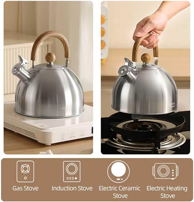 18/8 Stainless Steel Tea Kettle for Stovetop (4L / 4.23 Quart Whistling Tea Pot, Wood Handle)-Silver