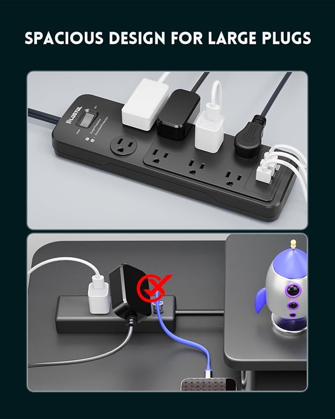 Surge Protector Power Strip 6FT, PLUGTUL Surge Protector with 8 Outlets - Spacious Design for Large Plugs, Flat Plug, 20W USB C Charging for Home, Office, ETL Listed, 2040J