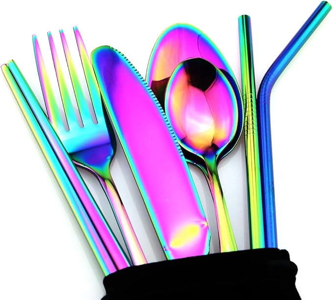 Gugrida Rainbow Reusable Utensils with Case, Healthy & Eco-Friendly 8 Pieces Portable Stainless Steel Flatware Tableware Dinnerware Set, Portable Travel Camping Cutlery Knife Fork Spoon Straws Set
