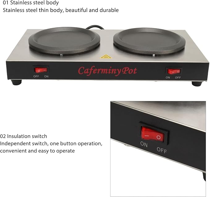 Double Coffee Warmer, Stainless Steel 160 w Portable Double Hot Plate Warmer Commercial Coffee Pot Standard Decanter Warmer, for Coffee Shops (US Plug 110V)