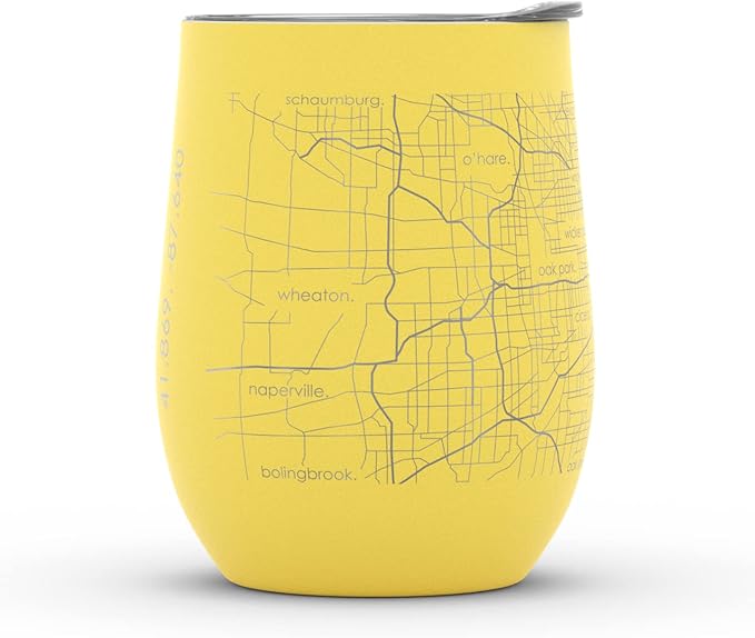 Well Told Engraved Chicago Illinois Map Insulated Wine Tumbler, Etched Stainless Steel Cup (12 oz, Sunrise Yellow) City Map Insulated Tumbler, Custom Insulated Tumbler, Outdoor Drinkware